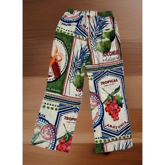 Rachel Zoe Linen Pants Women’s Size M Wide Leg Colorful Tropical Fruit Beach - Picture 2 of 6